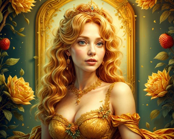 Portrait of a woman in gold dress with floral motifs