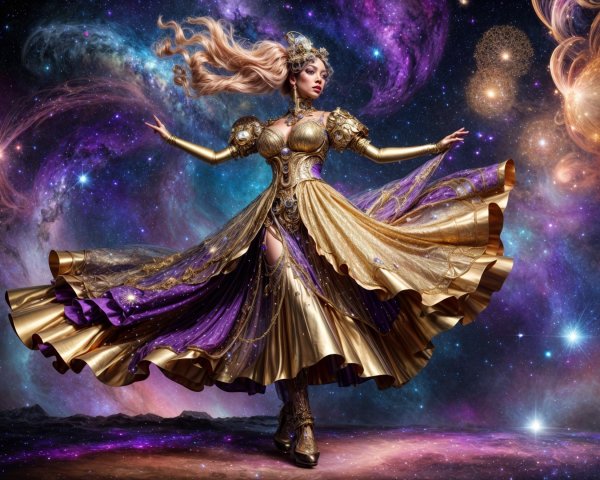 Cosmic-themed gown with shimmering designs and galaxy backdrop