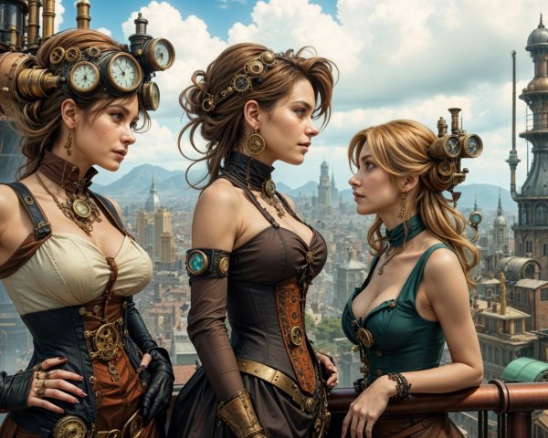 Elegant Women in Steampunk Attire Overlooking Cityscape