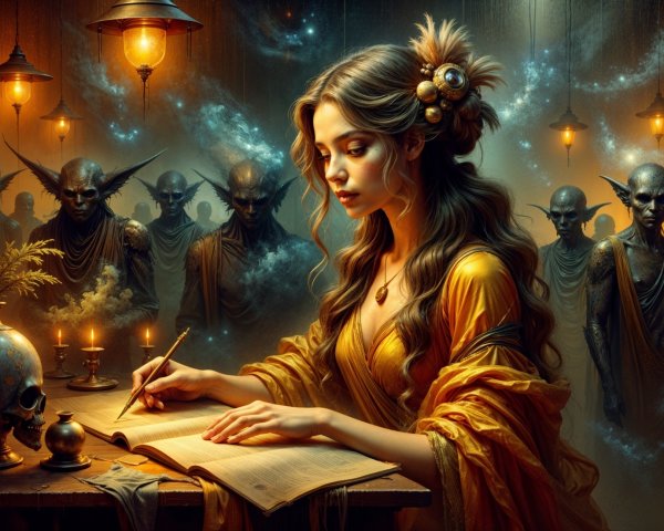 Woman in golden gown writing in candlelit room