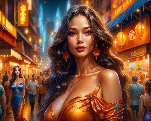 Vibrant Nighttime Street Scene with Colorful Lanterns