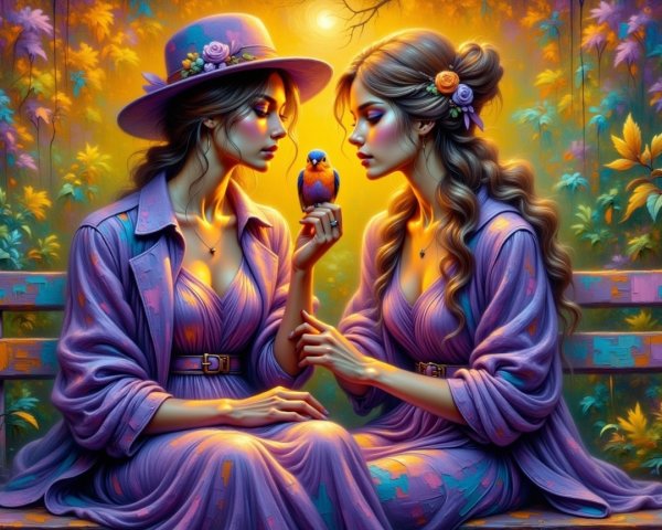 Women in Purple Dresses Interacting with a Bird in Garden