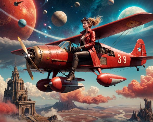 Aviator in Vintage Biplane Amid Cosmic Landscape