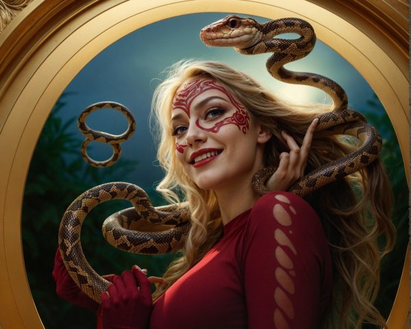 Portrait of a Woman in Red with Snake and Golden Frame