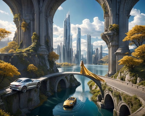 Futuristic Landscape with Arches, Water, and Skyscrapers
