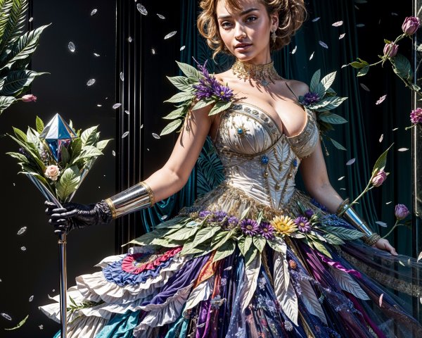 Elegant Woman in Vibrant Floral Gown with Staff