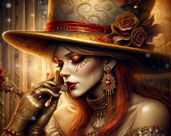 Glamorous Woman in Ornate Golden Hat and Jewelry