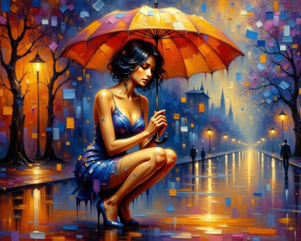 Impressionist Oil Painting of Woman in Rainy City Scene