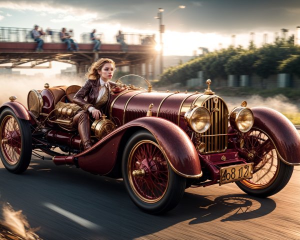 Vintage race car on scenic road at sunset