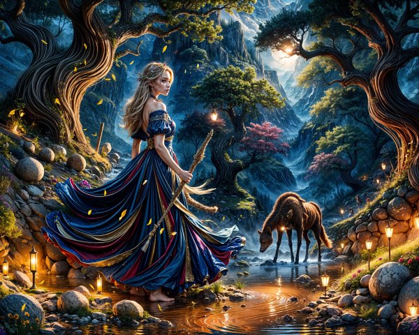 Mystical Figure in Twilight Forest with Fireflies and Horse