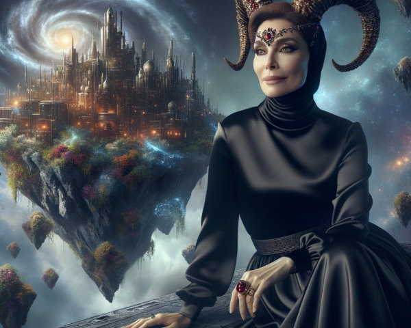 Regal figure in elegant gown against futuristic cityscape