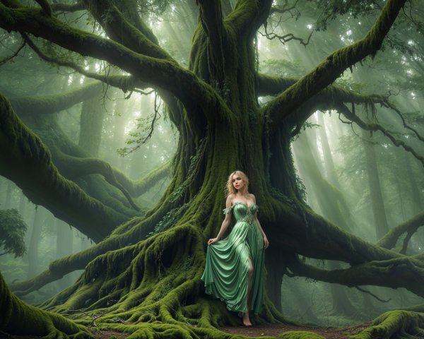 Mystical forest scene with ancient tree and woman