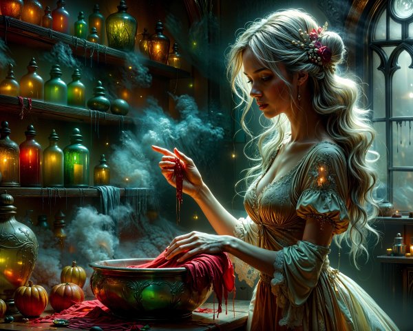 Enchanting Potion Shop with Bubbling Cauldron and Vials