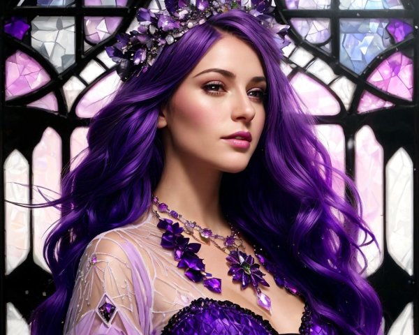 Portrait of a Woman with Purple Hair and Floral Crown