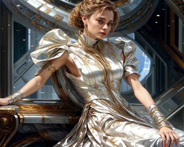 Young woman in metallic gown in futuristic setting