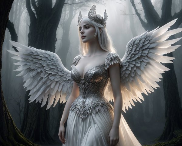 Young Woman in Angelic Armor Dress in Foggy Forest