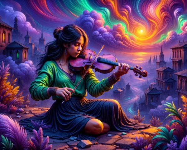 Young girl playing violin on a cobblestone path