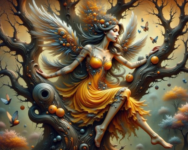 Mystical figure with wings on a gnarled tree branch