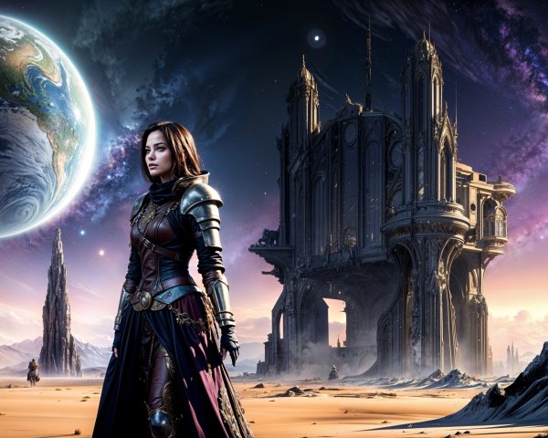 Cyberpunk Fantasy Illustration of Woman in Desert Landscape