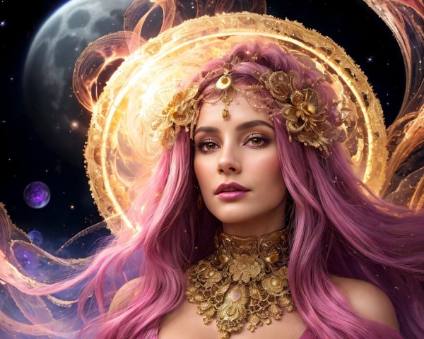 Cosmic Goddess with Pink Hair and Gold Jewelry Details