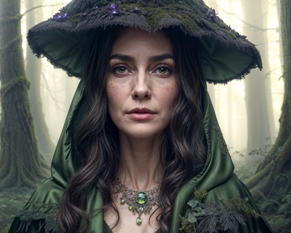 Woman in Ethereal Forest with Green Cloak and Hat