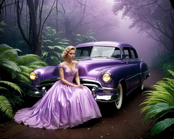 Woman in Lavender Gown by Vintage Purple Car