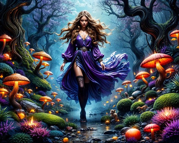 Young woman in purple gown in enchanted forest setting