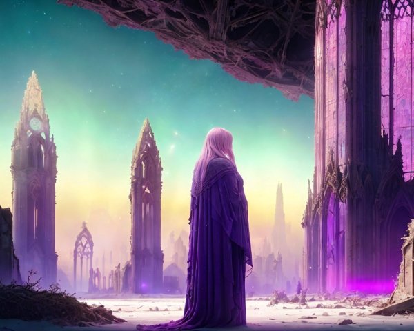 Long-haired figure in purple robe in gothic landscape