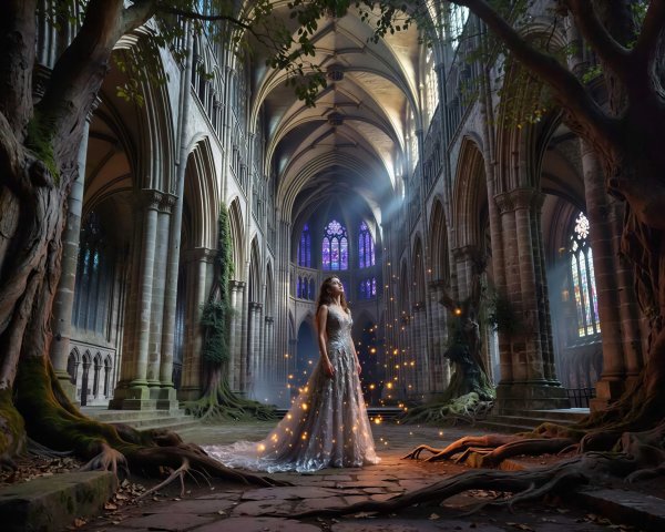 Elegant Woman in Gothic Cathedral with Stained Glass