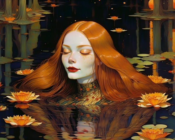 Serene woman in a lily-covered pond with red hair