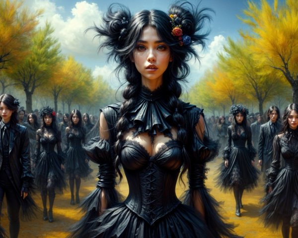 Elaborate Black Attire Amidst Golden Trees and Blue Sky