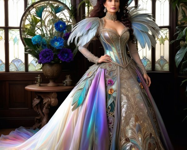 Majestic gown with iridescent hues and embroidery