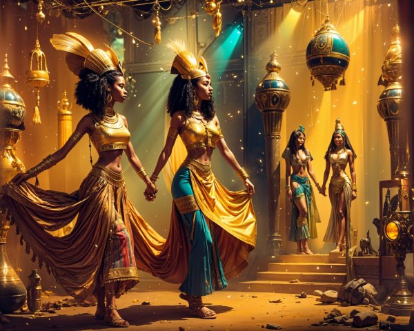 Elegant Women in Golden Attire in Ornate Hall