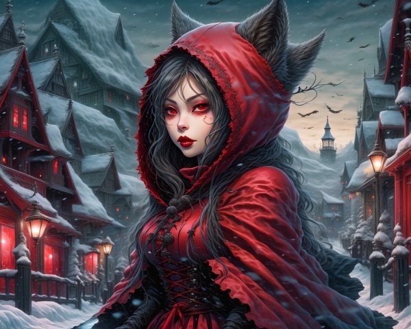 Spooky Red Riding Hood Character in Snowy Village Scene