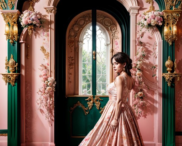 Elegant woman by ornate doorway in pastel interior