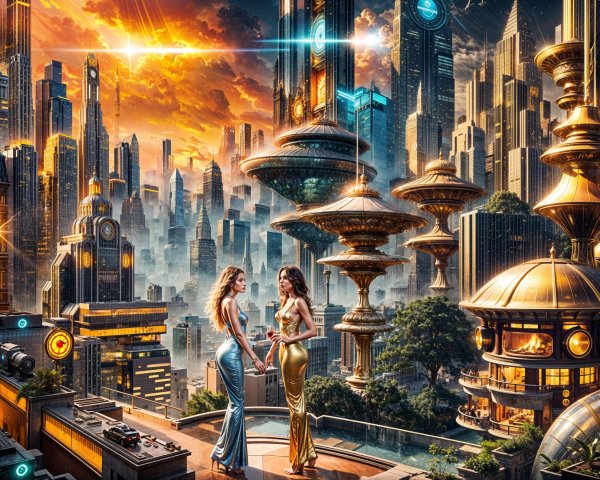 Futuristic City Skyline with Elegant Women on Rooftop