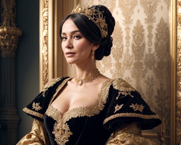 Elegant Woman in Historical Gown with Crown and Jewelry