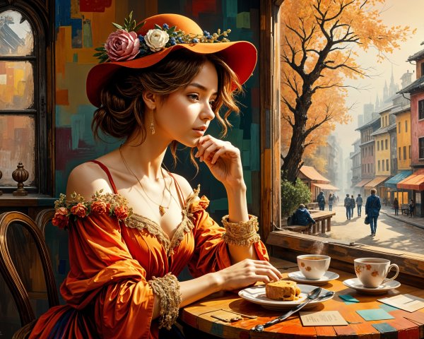 Young woman in orange dress at café with autumn view