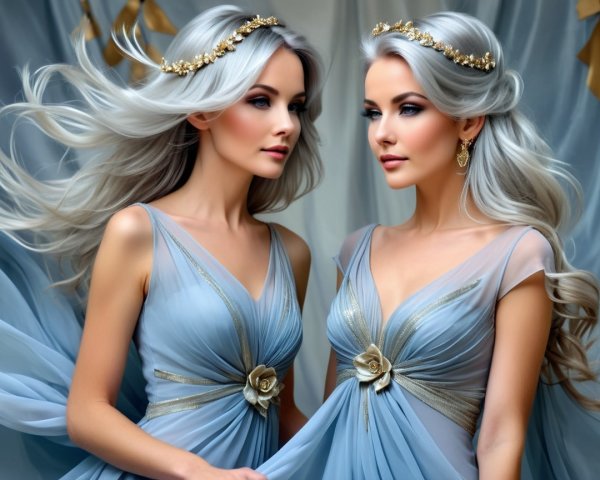 Elegant Women in Blue Gowns with Silver Hair