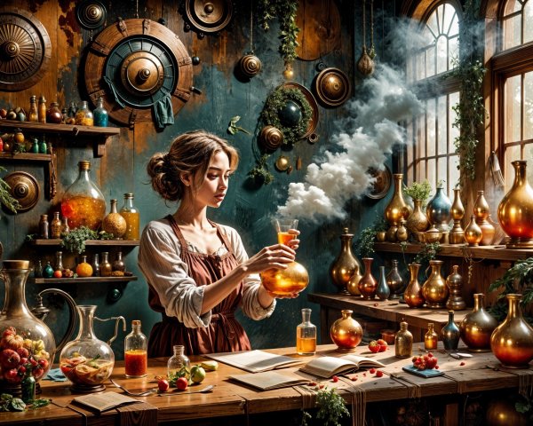 Mystical Alchemy Lab with Colorful Potions and Decor