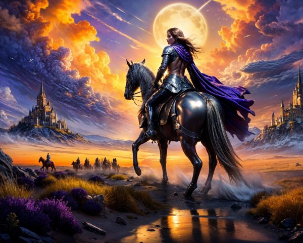Warrior on Horseback at Sunset with Moon and Castle