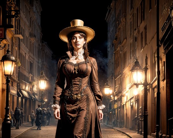Elegant Vintage Dress on a Cobblestone Street at Night