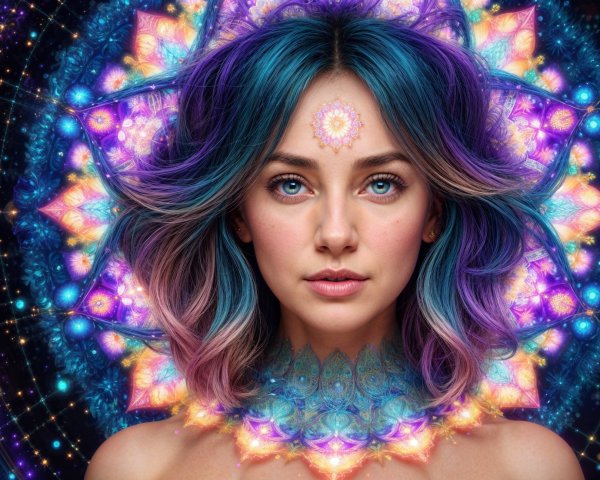 Portrait of a woman with multi-colored hair and mandala