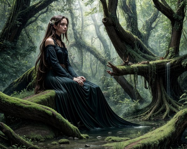Young woman in gown by serene stream in misty forest