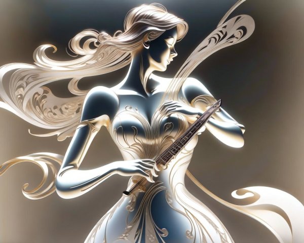 Stylized 3D Woman in Gold and White Gown with Flute