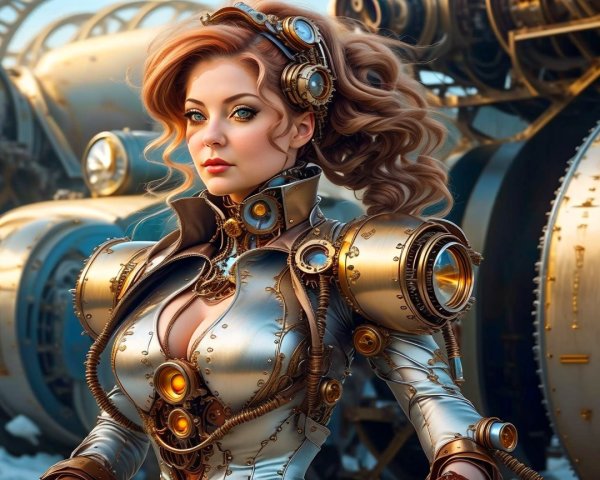 Steampunk Female Figure Amid Intricate Machinery