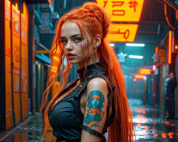 Vibrant Figure in Neon Alley with Rain Reflections