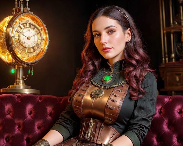 Elegant Woman in Steampunk Outfit on Velvet Sofa