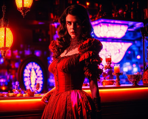 Elegant Woman in Ruffled Red Dress at Vibrant Bar