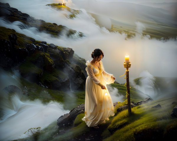 Young Woman in White Gown on Misty Hillside with Lantern